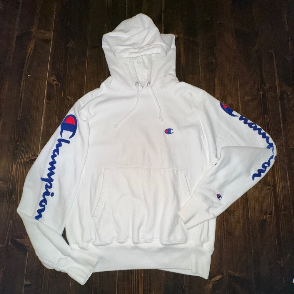 Vintage 90s Champion Reverse Weave Hoodie White Pullover Sweatshirt Size Small